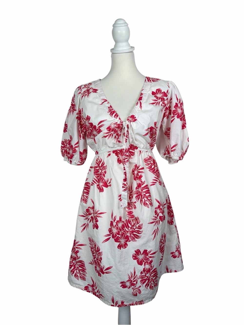 Sim & Sam Tropical Mini Dress Pink White Floral Cotton Puff Sleeve Cottagecore